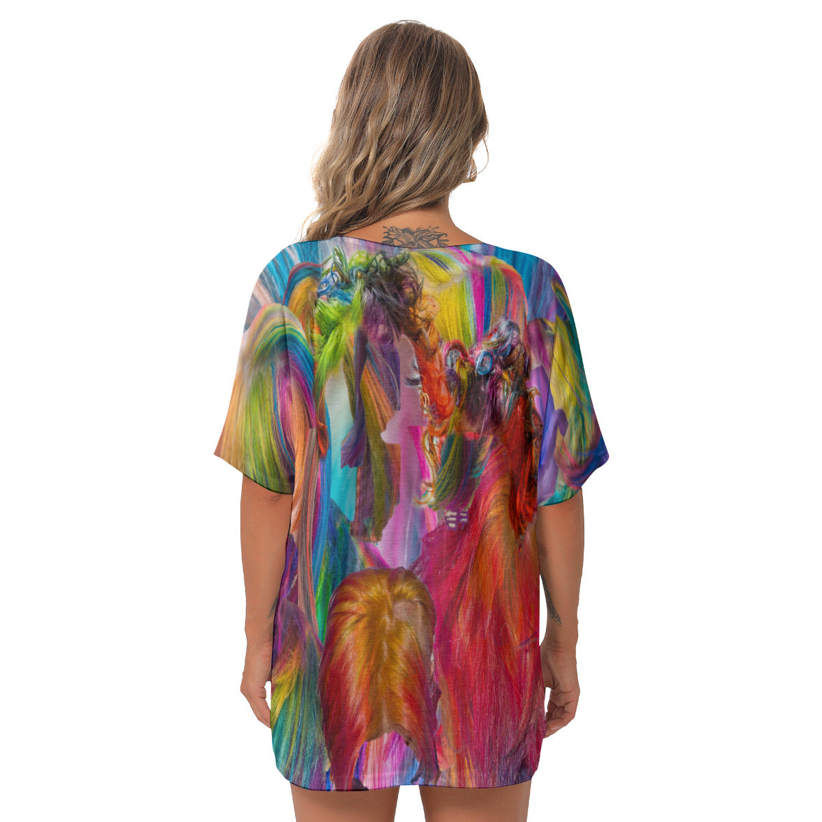 All-Over Print Women's Bat Sleeves V-Neck Blouse