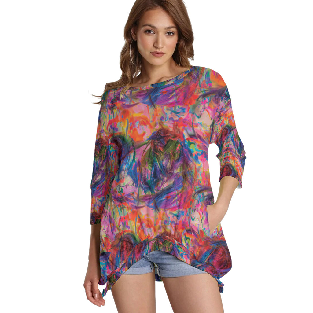 All-Over Print Women's Sweatshirt With Irregular Pleated Hem