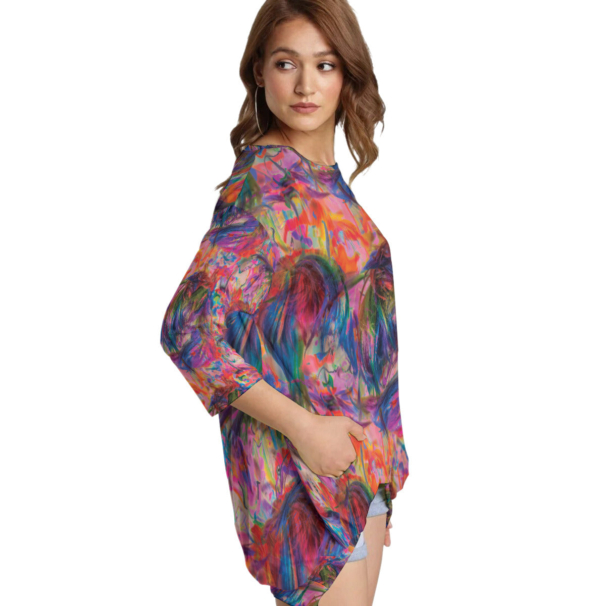 All-Over Print Women's Sweatshirt With Irregular Pleated Hem