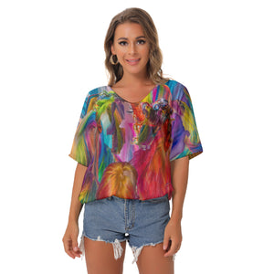 All-Over Print Women's Bat Sleeves V-Neck Blouse