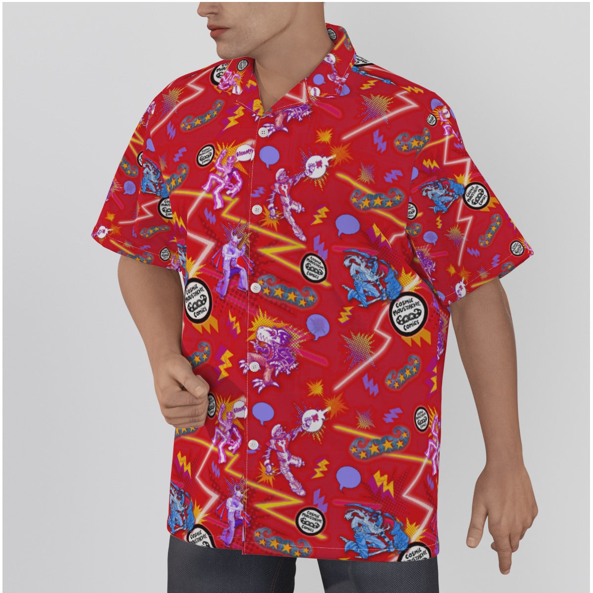 80's Cosmic Moustache Comics... Men's Hawaiian Shirt (With Button Closure)