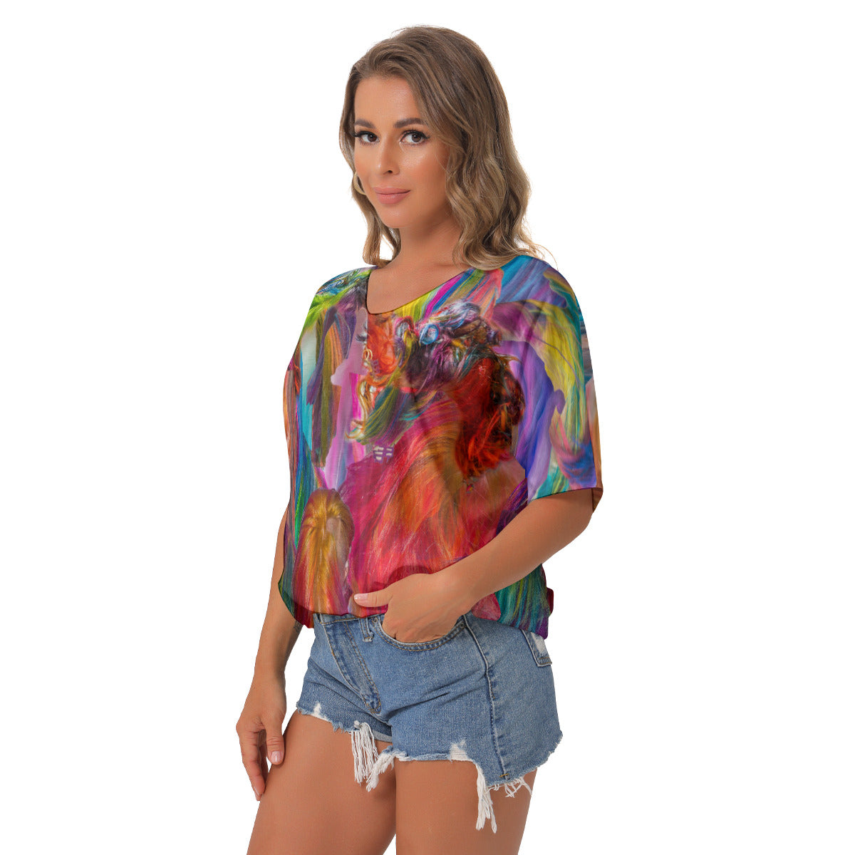 All-Over Print Women's Bat Sleeves V-Neck Blouse